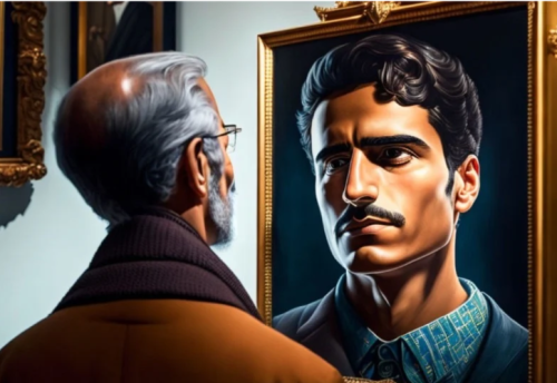 Hombre mayor observando un retrato de un hombre joven 