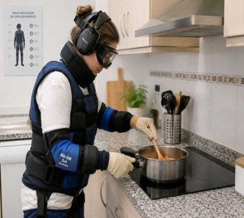 Persona en la cocina con simulador de baja visión, temblor y limitación de movimiento