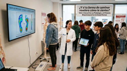 Grupo de jóvenes viendo en una pantalla la representación de su pisada