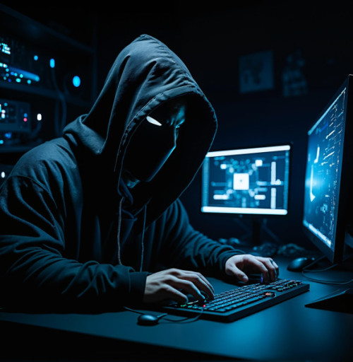 Ciberdelincuente con una máscara frente a dos pantallas de pc en las sombras. Imagen de Joshgmit en Pixabay