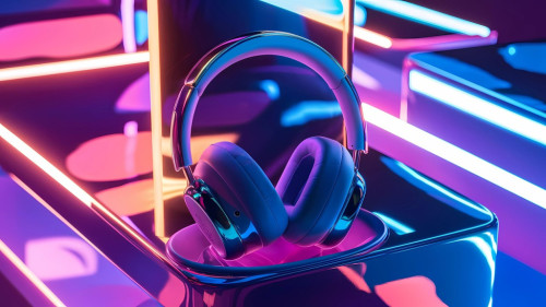 Auriculares entre luces de neón. Imagen de ZT_OSCAR en Pixabay