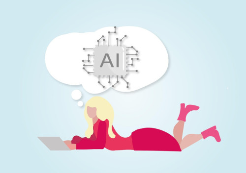 Dibujo de una mujer rubia con un pc, pensando en AI. Imagen de Alexandra_Koch en Pixabay