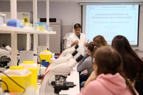 Investigador explicando en el laboratorio las enfermedades de serie blanca
