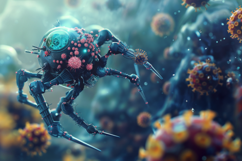 Microrrobot con forma de araña atacando a un virus. Imagen de M. Richter en Pixabay